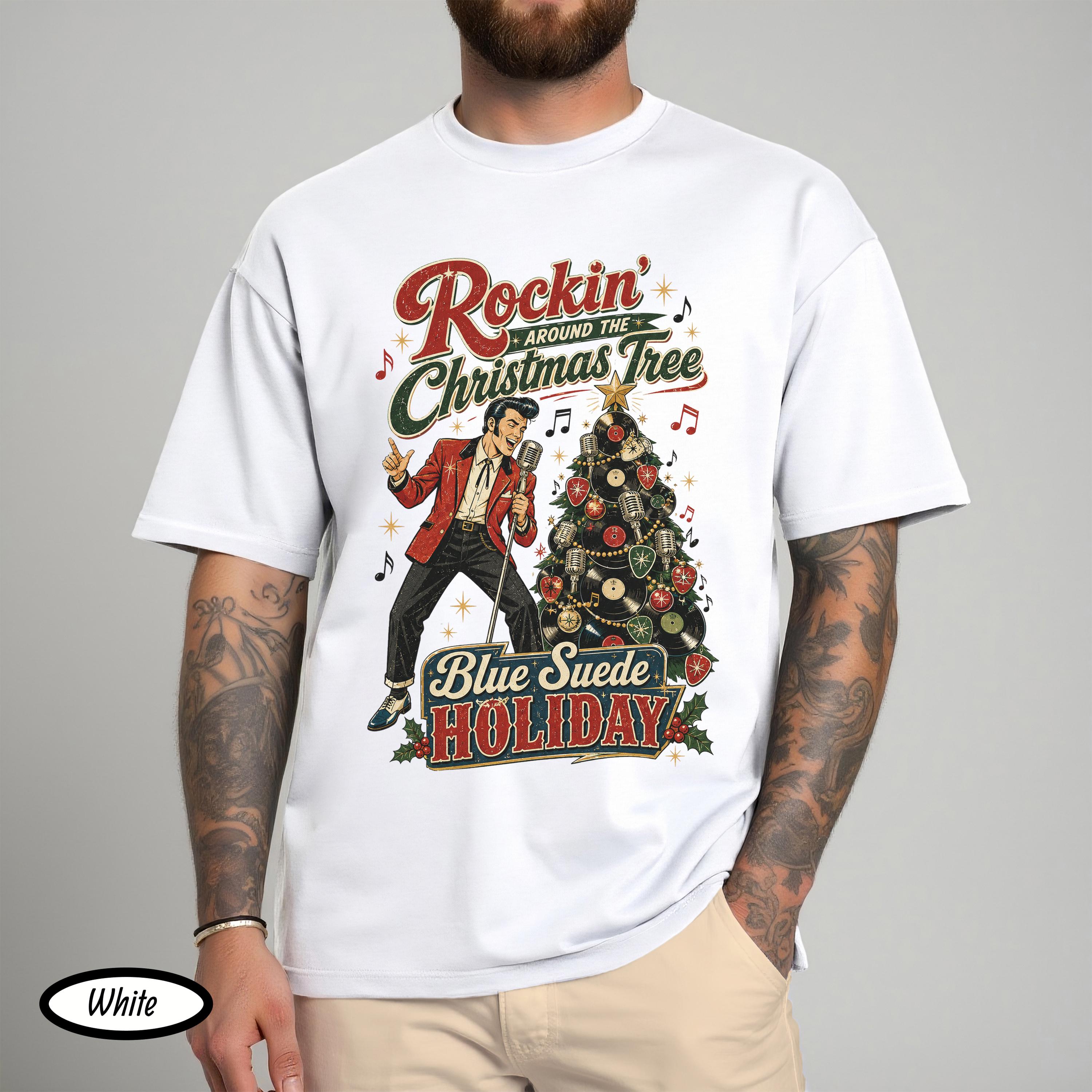 Elvis Inspired Christmas Tee Shirt, Blue Suede Holiday Christmas Shirt, Rock Around The Christmas Tree