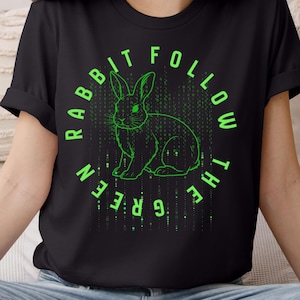 Cyberpunk Rabbit T-Shirt: Green Code Matrix Design, Birthflowers Adult Unisex Shirt 3001