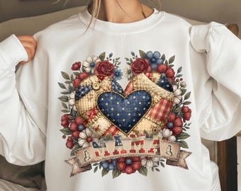 Patriotic Mama Sweatshirt, Faux Quilt Heart Crewneck, 4th of July Mom Sweater, Vintage Americana Floral Top, Patchwork USA Country Gift
