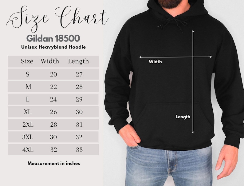 May include: Black Unisex Heavyblend Hoodie with a size chart. The chart shows measurements in inches for sizes S to 4XL. The hoodie's width ranges from 20 to 32 inches, and the length from 27 to 33 inches.
