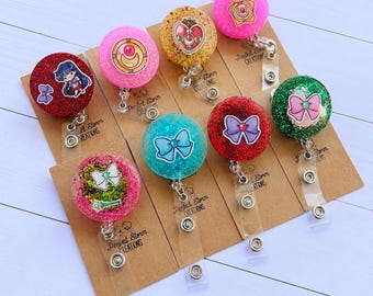 Magical Girl Badge Reel: Glitter Resin ID Holder, Retractable Alligator Clip
