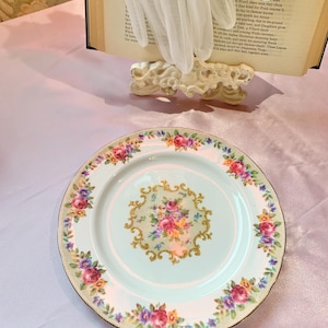 Peut inclure: Une assiette en porcelaine vintage avec un motif floral. L'assiette présente un bouquet central et une bordure de fleurs colorées roses, rouges, jaunes et violettes. Le bord est doré.
