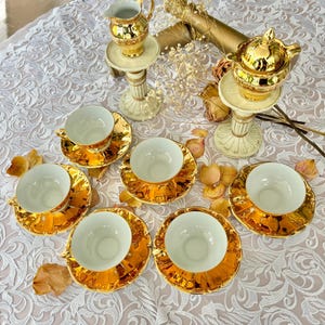 GAZE upon these golden beauties. 6 cups & saucers with a creamer and lidded sugar dish. Mid-century. Bareuther Waldsassen Bavaria
