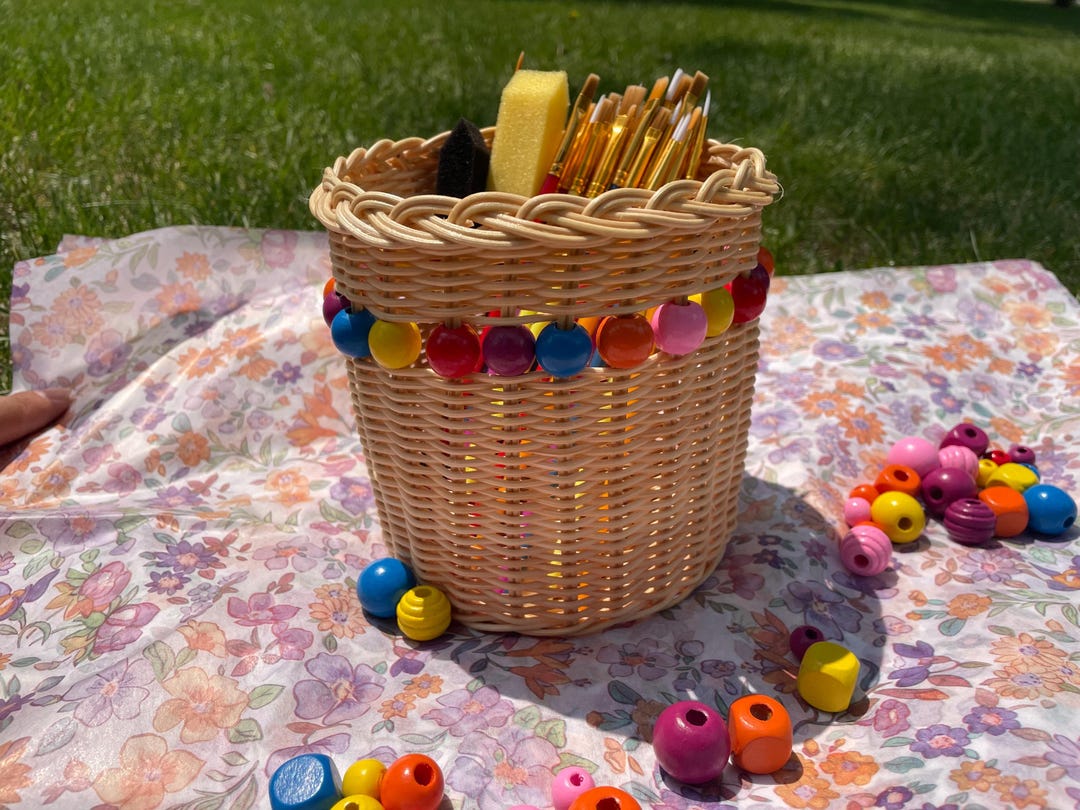 Colorful Ratten Basket Handmade Rattan Basket With Colorful Beads – Small Round Wicker ...