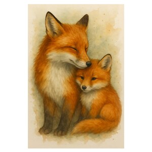 Watercolour Mother and Baby Fox Print - Woodland Nursery Art, Fox Animal Illustration, Baby Room Decor, Nature Wall Art, Housewarming Gift