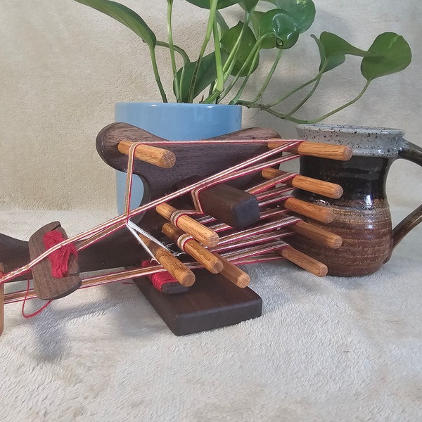 Walnut Inkle Loom with Oak Pegs - Handmade from Local Lumber 4.5 inches High X 9 inches Long - 48 inch warp, warped with a starter project