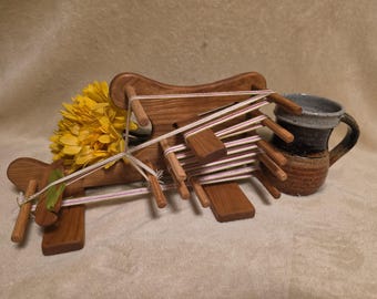 Cherry Inkle Loom with Oak Pegs - Handmade from Local Lumber 5.5 inches High X 12 inches Long - 61 inch warp, warped with a starter project