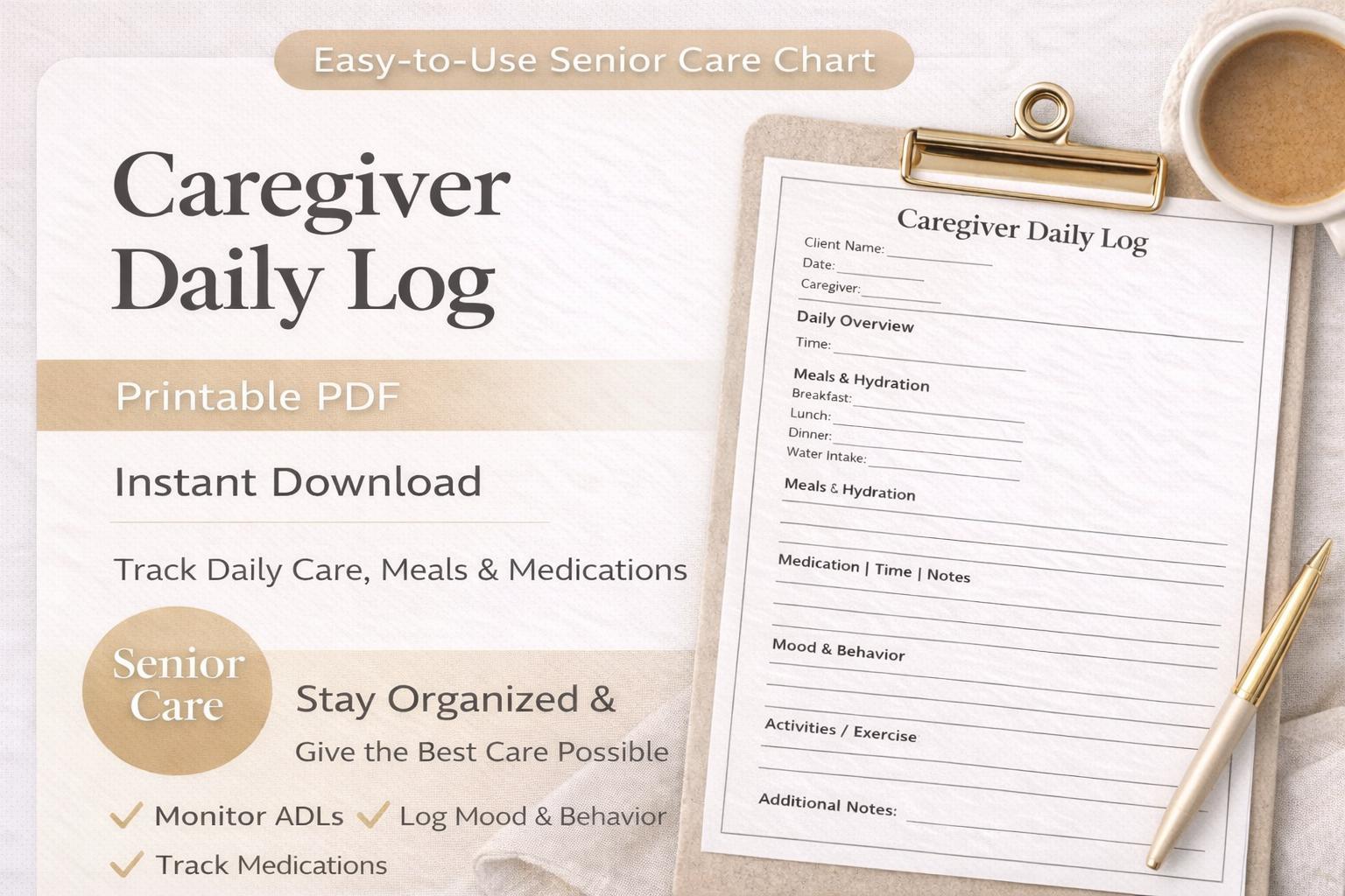 Caregiver Daily Log Printable | Senior Care Chart, Medication Tracker ...
