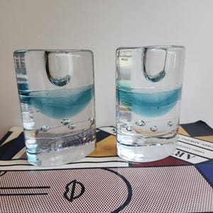 iittala Arktia Glass Candle Holders Timo Sarpaneva Finland Clear and Blue Set of 2