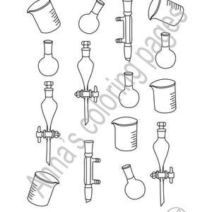 May include: Black and white line drawing of scientific glassware, such as beakers, flasks, and condensers. The image includes the text "Add color! annascoloringpages.etsy.com" at the bottom.