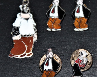 King Features Popeye the Sailor Man Bluto Olive Oyl  J. Wellington Wimpy Vintage Charms Tie Clips Pins Earrings Cartoon Comic