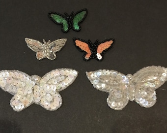 Sequin Beaded Applique Butterfly Butterflies Costume Halloween Pageant Scrapbooking Dance Skating Quinceañera Silver Peach Green White Clear