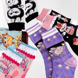 Cute Labubu Blue Famer Sunflower Socks