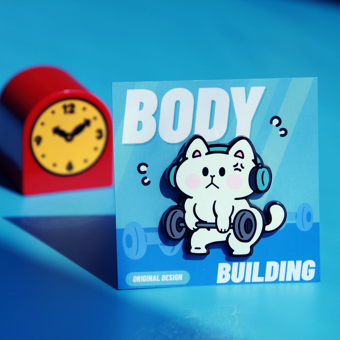 Bodybuilding Cat Enamel Pin – Cute Cat With Dumbbells and Headphones ...