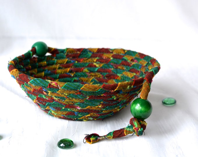 Green Key Basket Coiled Bowl Wallet Holder Country Catchall Bowl Jewelry Catcher Handmade Ring Dish Tray Woven Fiber Bowl