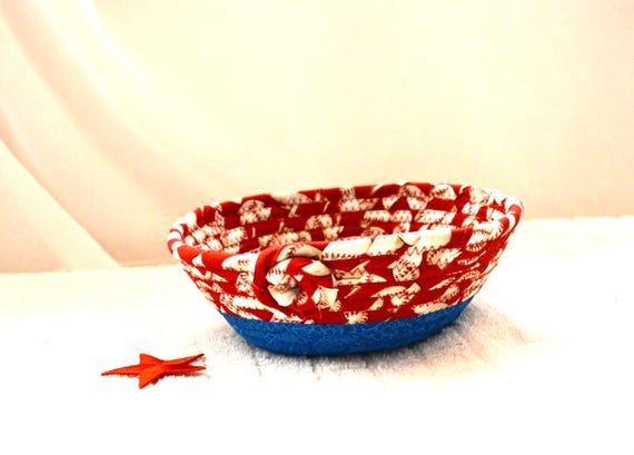 Handmade Baseball Fabric Basket: Red White and Blue World Series Decor Bowl