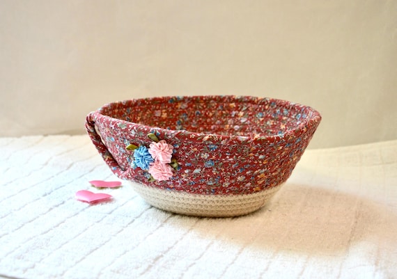 Shabby Chic Basket, 1 Handmade Pink Potpourri Bowl, Cute Desk Clip Holder, Mauve Rose Candy Dish, Key Holder, Trinket Tray, Gift for her
