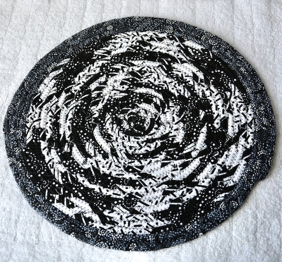 Black Abstract Trivet, 11" Handmade Coiled Rope Trivet, 1 Black and White Place Mat, Lovely Black Artisan Table Mat, 1 Quilted Hot Pad