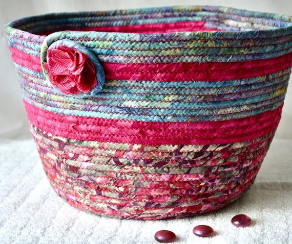 Berry Yarn Bin, Handmade Batik Fabric Basket, Bath Tissue Holder, Office Waste Basket, Scarf Holder, Sweater Bin, Gift for her Mother