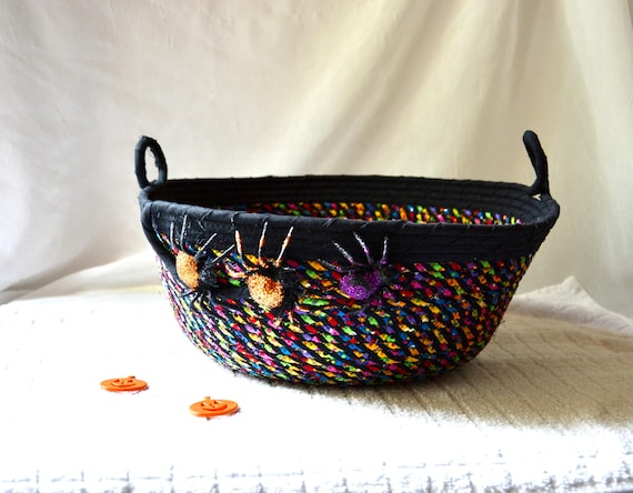 Halloween Candy Bucket, Handmade Fun Spider Bowl, Black and Orange Gift Basket, Hand Coiled Fabric Basket, Fall Mail Bowl, Halloween Decor