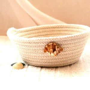 May include: A round, off-white woven rope basket featuring a single brown and tan spiral seashell attached to the exterior side. A small, separate, light-colored seashell is positioned near the base of the basket on the surface.