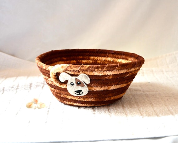 Dog Treat Holder, 1 Earth Tone Fruit Bowl, Remote Control Holder, Handmade Gift Basket, Brown Mail Bin, Unique Key Basket, Fun Puppy Bowl