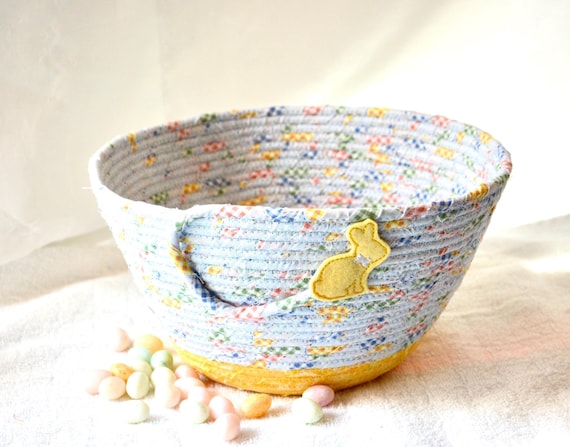 Pastel Blue Easter Basket, Handmade Coiled Fabric Candy Bucket, Baby Toy Storage Organizer