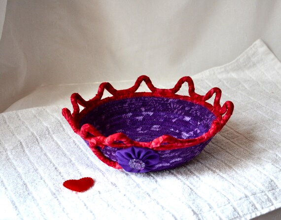 Artisan Woven Basket, Purple Candy Bowl, Red Batik Fabric Basket, Handmade Bath Soap Holder, Potpourri Bowl, Whimsical Birthday Gift Basket