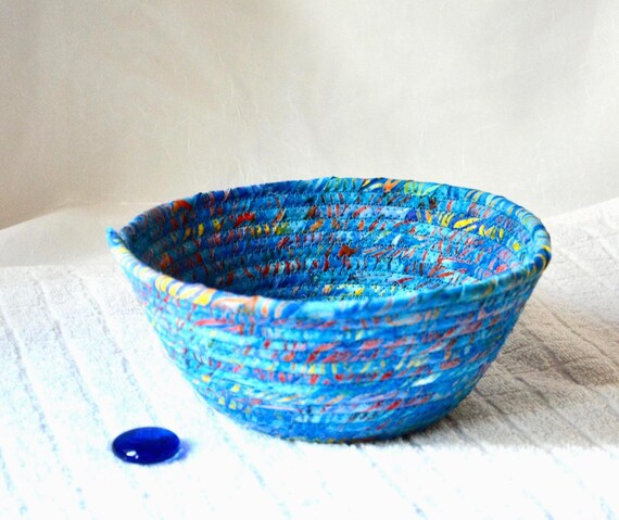Coastal Blue Bowl, Handmade Batik Fabric Basket, Decorative Entryway Key Holder, Lovely Gift Basket, Napkin Holder, Bread Basket, Mail Bin