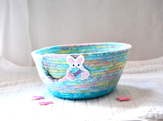 Blue Pastel Easter Basket, Handmade Batik Fabric Bowl, Easter Decoration