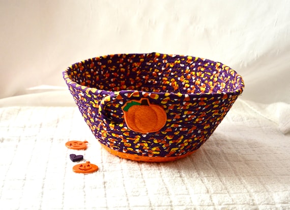 Halloween Candy Bowl, Decorative Fall Basket, 1 Handmade Purple Candy Corn Bin, Trick or Treat Bowl, Handcrafted Woven Fabric Basket