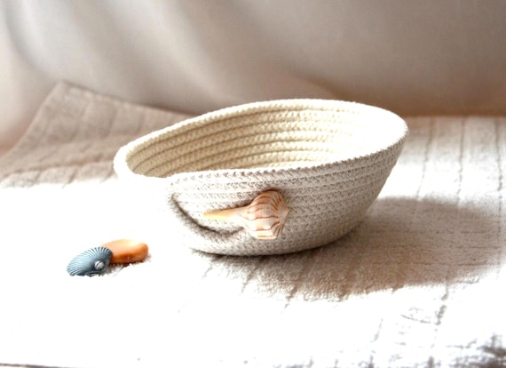Handmade Seashell Rope Basket: Coastal Cottage Decor Bowl, Small Candy Dish
