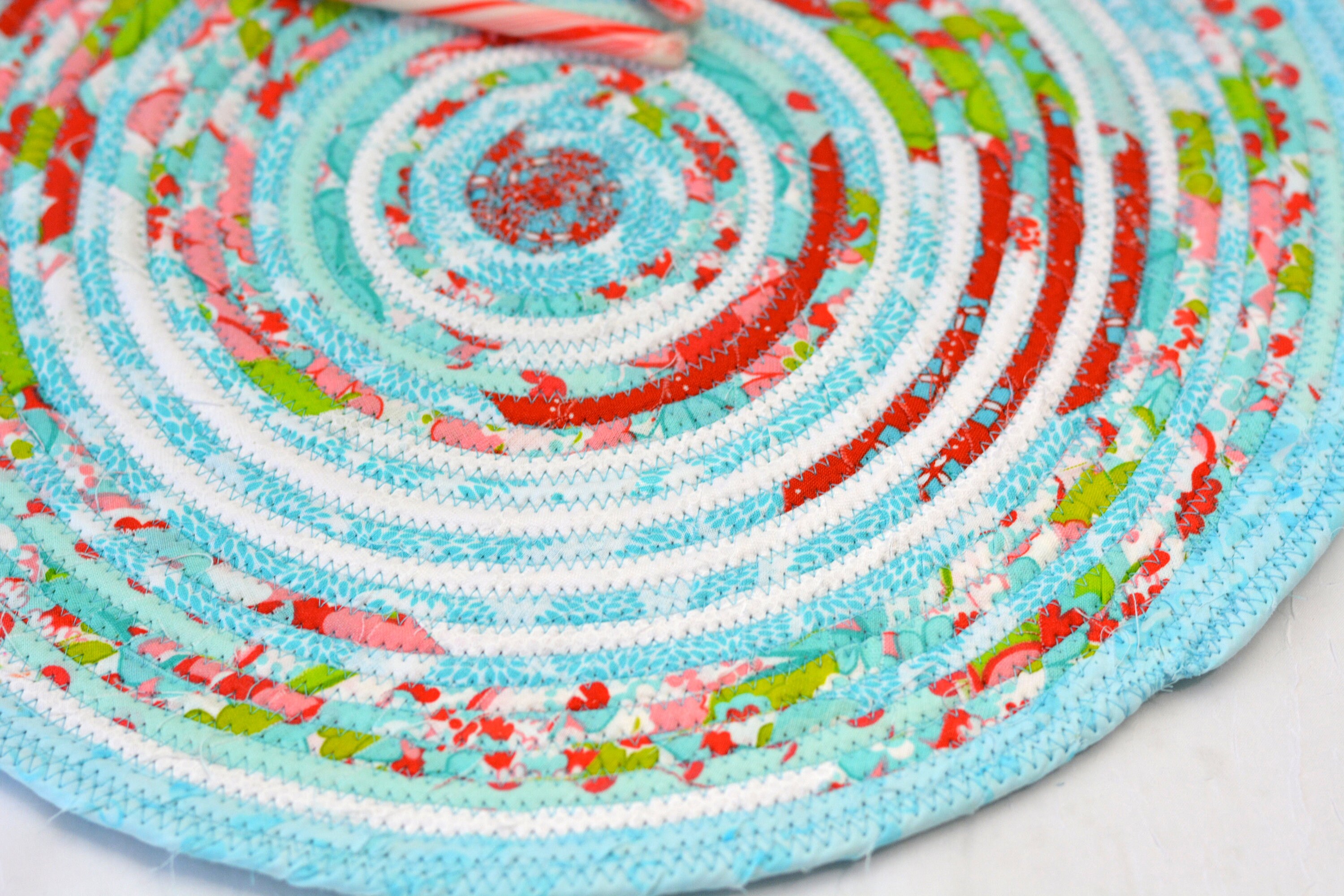 Turquoise Place Mat, 14 Quilted Table Mat, Handmade Aqua and Red Trivet