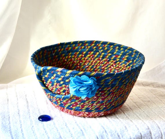 Fall Decor Bowl, Vintage Blue Gift Basket, Country Cottage Napkin Holder, Autumn Fruit Bowl, Handmade Fabric Rope Basket, Bread Basket too