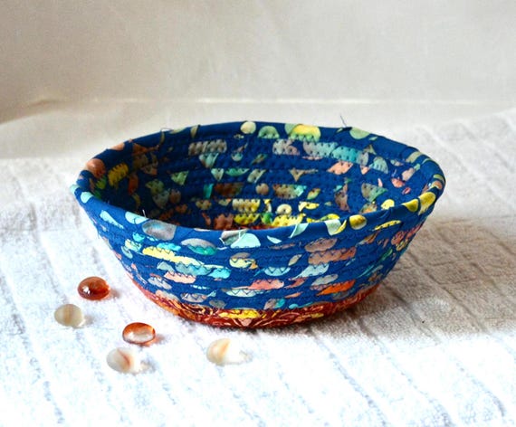 Artisan Batik Candy Bowl, Handmade Key Holder, Quilted Cotton Basket, Shabby Chic Gift Basket, Blue Fall Bowl, Small Fabric Rope Basket