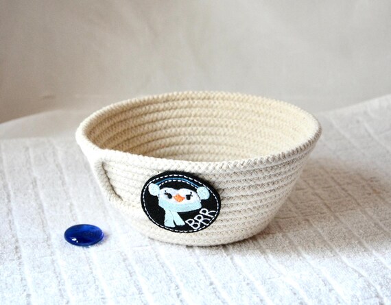 Winter Candy Dish, Handmade Key Basket, Country Rope Bowl with Penguin accent