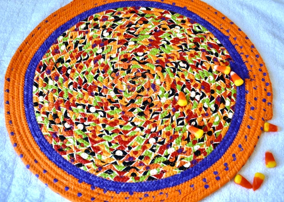 Halloween Table Topper, 15" Fall Place Mat, 1 Handmade Fabric Trivet, Halloween Decoration, Purple and Orange Table Mat, Hot Pad