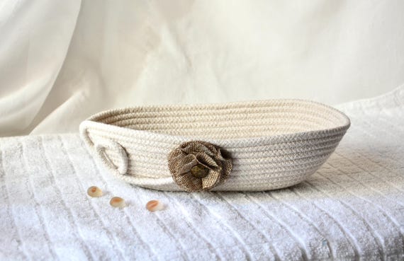Eyeglasses Rope Basket, Country Pen Tray, Cottage Key Holder, Handmade Trinket Bowl, Farmhouse Clothesline Basket, Shabby Chic Oval Bowl