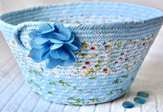 Spring Blue Basket, Handmade Napkin Holder, Lovely Cottage Chic Basket, Fabric Rope Basket, Bath Tissue Holder, Floral Bowl, Gift for her