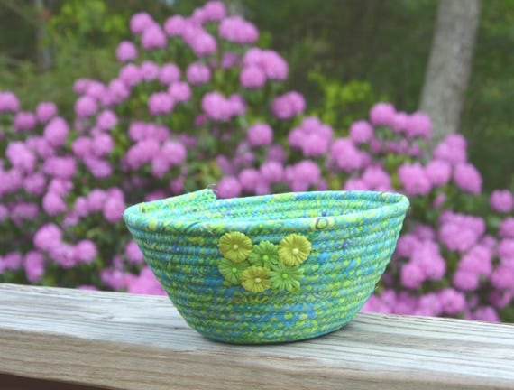 Green Summer Basket, Decorative Lime Cream Bowl, Napkin Bin, Handmade Bread Basket, Fruit Bowl, Tropical Batik Fabric Basket, Remote Bin