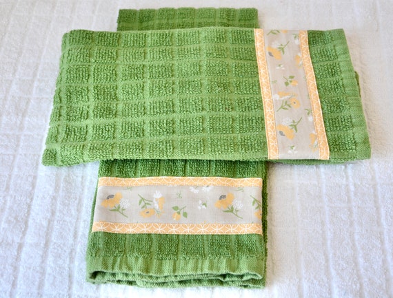 Green Kitchen Towels Set of 2 Hand Decorated Towels Set of 