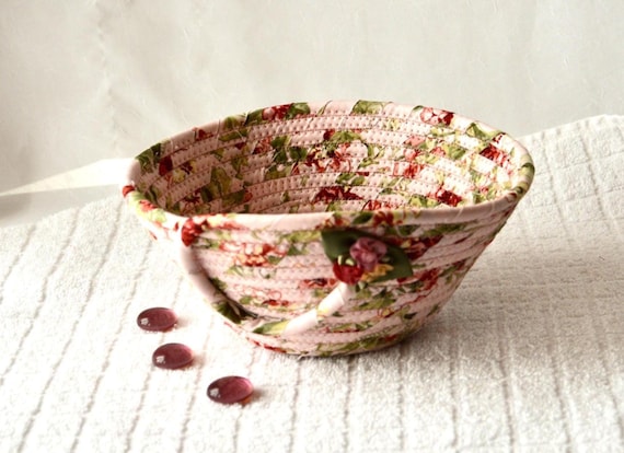 Victorian Roses Gift Basket, Vintage Shabby Chic Bowl, Handmade Country Cottage Napkin Basket, Candy Bowl, Antique Floral Fabric Basket