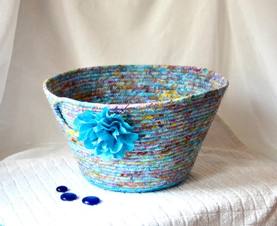 Coastal Blue Basket, Handmade Coiled Rope Bowl, Textile Art Bowl, Aqua Planter Basket, Country Cottage Basket, Gift for her Mother