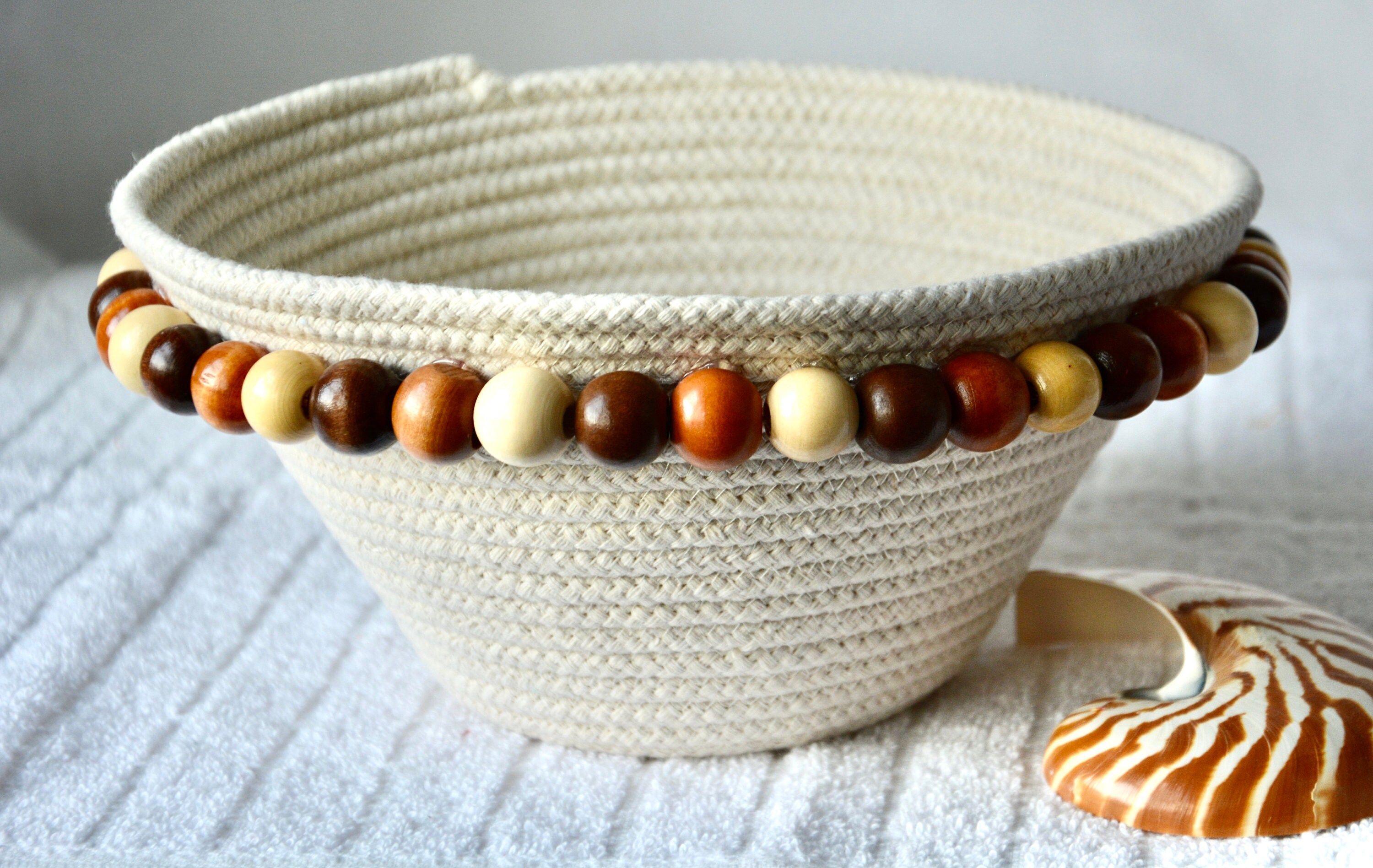 Clothesline Rope Basket, Handmade Quilted Basket, Beige Country Fruit