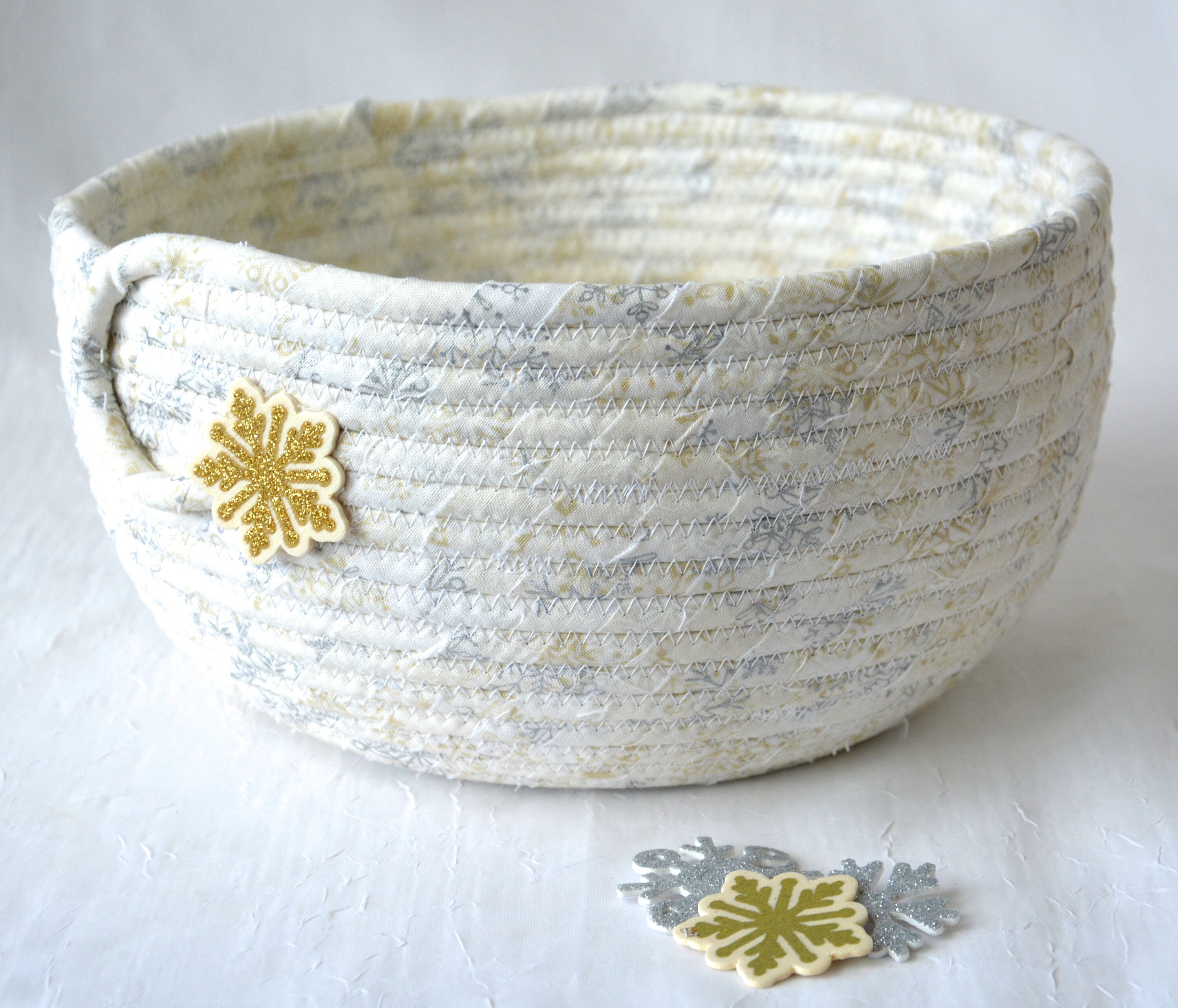 White Snowflake Decor, Handmade Display Bowl, Winter White Fabric Bowl