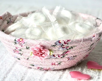 Sweet Shabby Chic Gift Basket, Handmade Mauve Pink Rose Bowl or Ring Dish, Victorian Roses Fabric Bowl, Key Tray, Small Desk Candy Dish