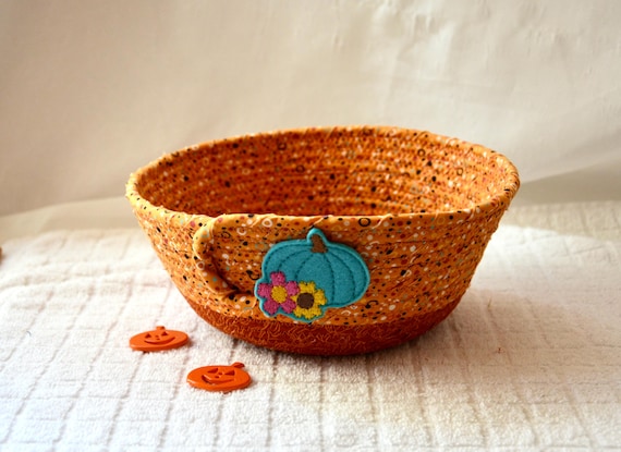 Fall Pumpkin Bowl, 1 Entry Key Holder, Autumn Decor Basket, Handmade Napkin Basket, Artisan Woven Coiled Basket, Fall Fabric Rope Bowl