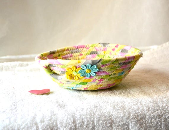 Handmade Pastel Easter Candy Bowl, Spring Key Holder, Small Yellow Fabric Basket, Ring Dish