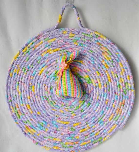 Easter Bunny Wall Art, Handmade Quilted Lavender Rabbit Wreath, Door Hanger