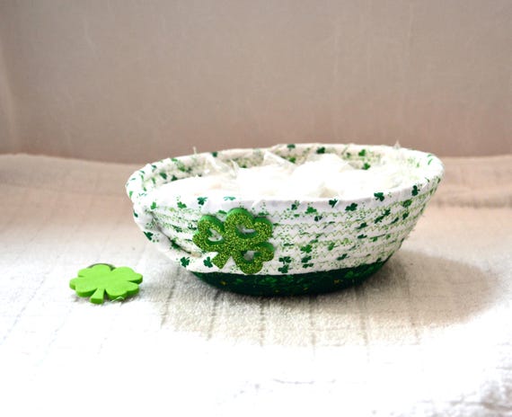Handmade St. Patrick's Day Fabric Basket, Irish Green Candy Dish with Shamrock Decor